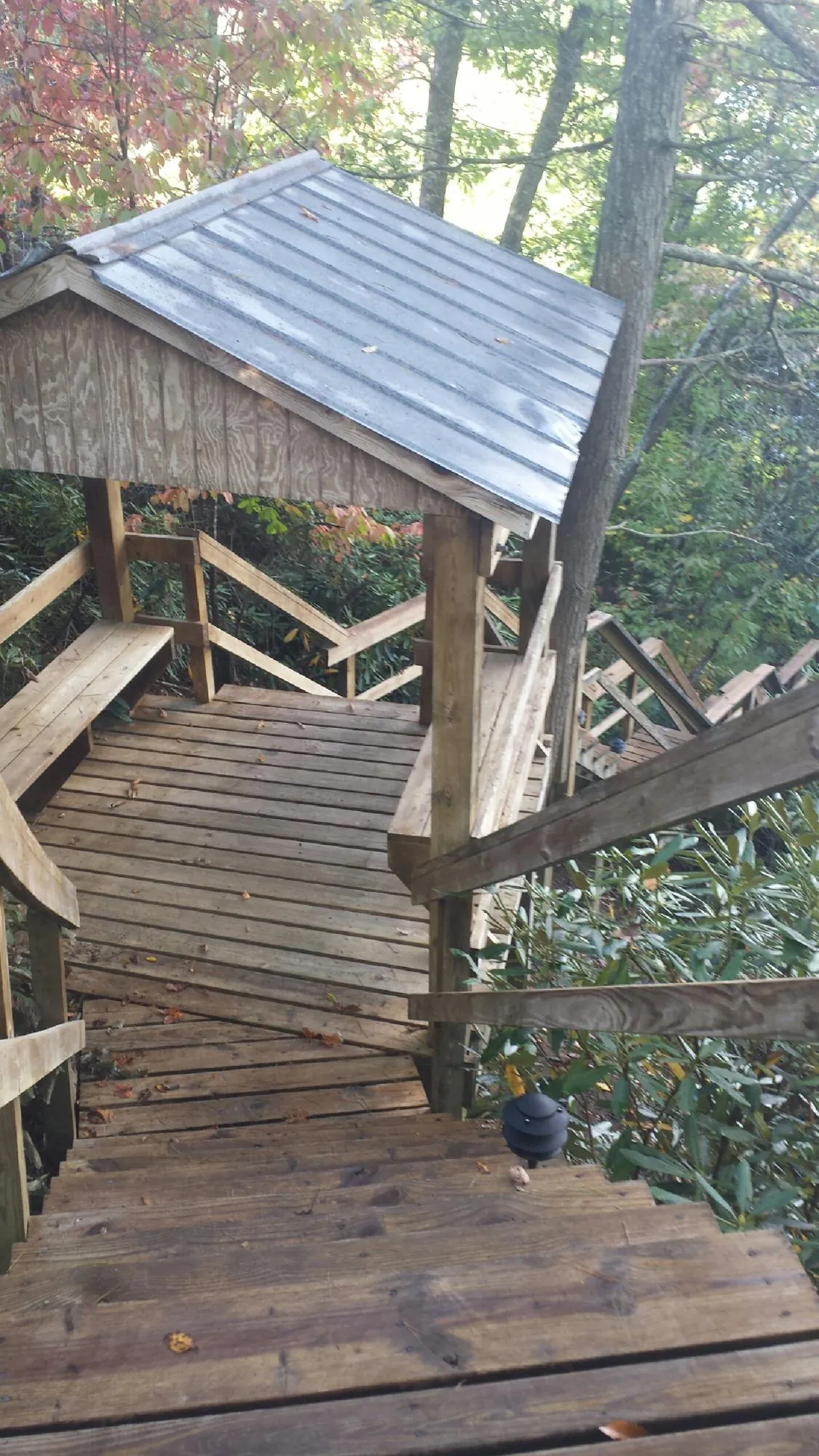 Metal roofed shelter over wooden steps on a wooded walkway — Skylight Repair & Installation work by our crew in Rimersburg